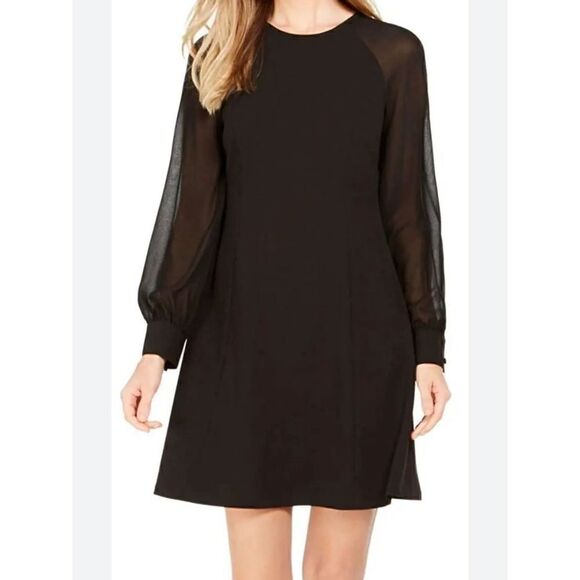 NWT Calvin Klein Puff Sheer Illusion Sleeve Dress Black Midi size 10 Event NEW - Picture 11 of 12